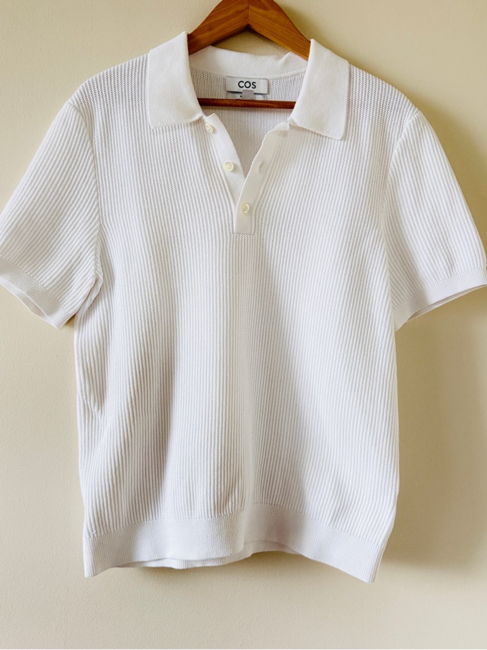 Men's COS White Short-Sleeve Textured Sweater Knit Cotton Polo